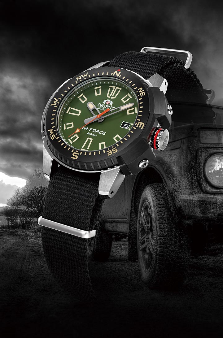 New release from ORIENT’s tough and functional M-FORCE series is a rugged outdoor watch featuring a simple compass bezel.