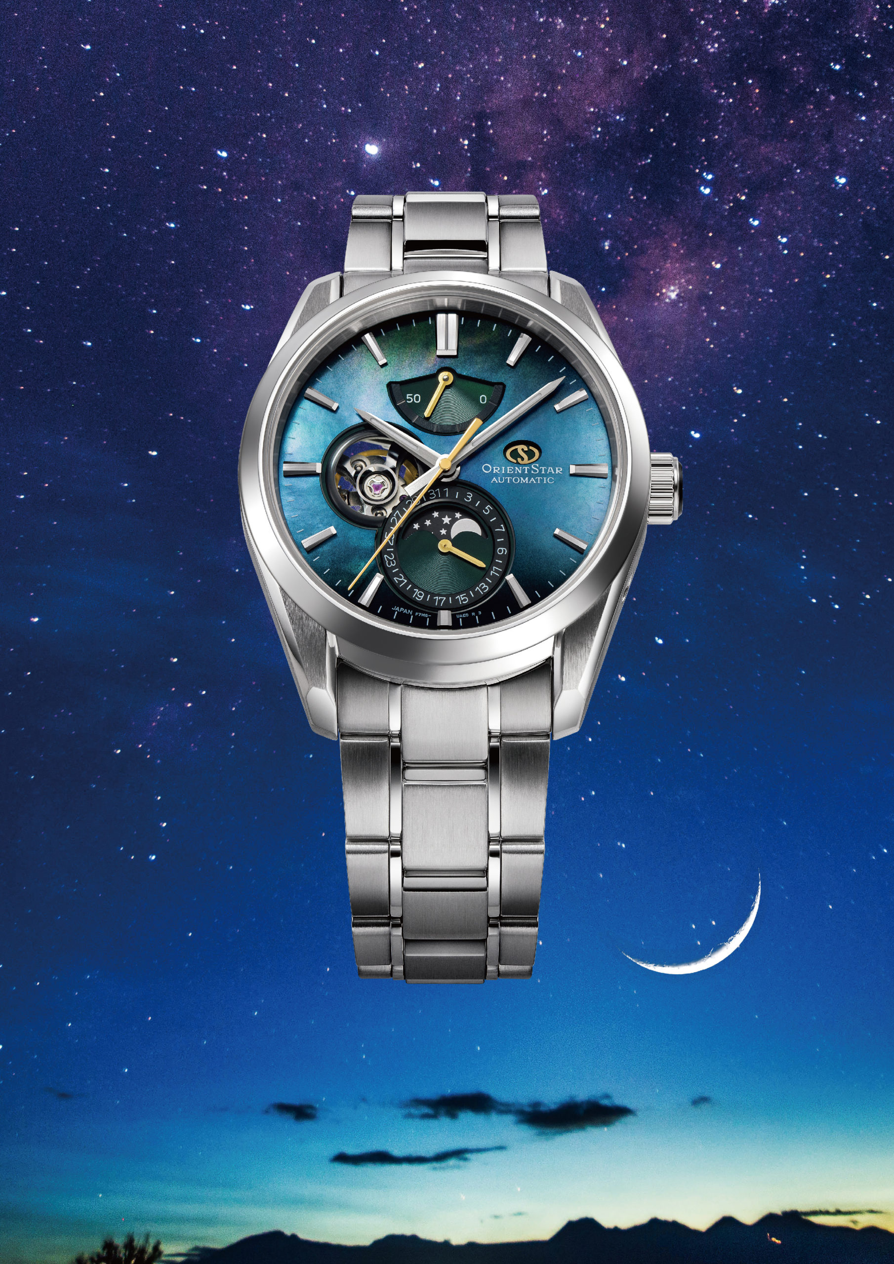 New ORIENT STAR Mechanical Moon Phase watches with nebulainspired mother of pearl dials